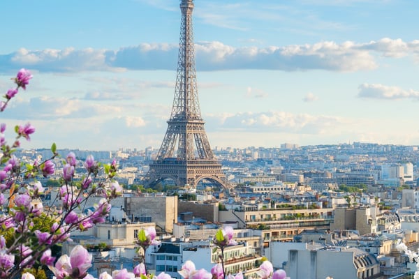 Landmarks of Paris, famous Eiffel Tower and Paris roofs