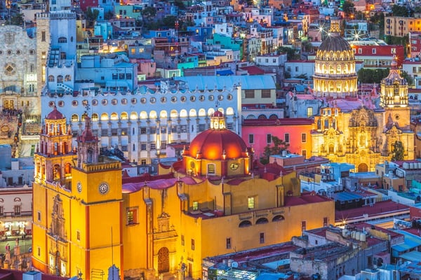 scenery of guanajuato with cathedral in guanajuato, mexico at night