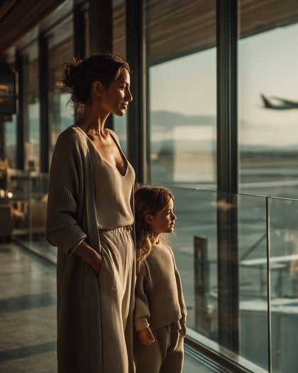 Mother and child waiting at the airport for their private transfer