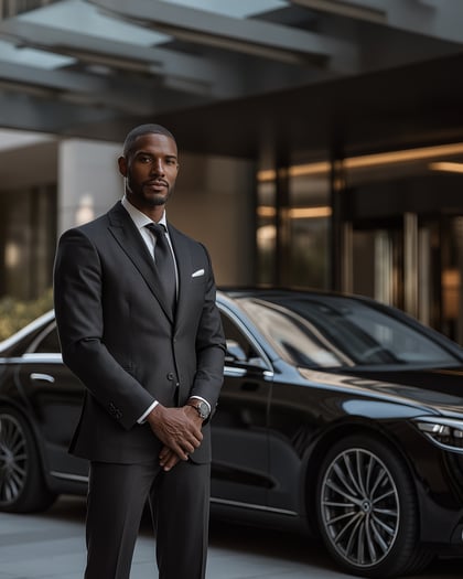 Professional chauffeur standing next to a black sedan
